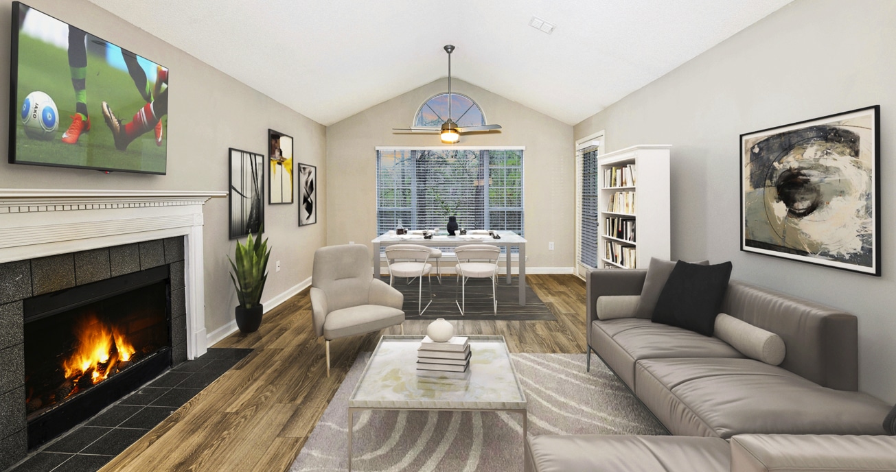 living room with fireplace and furniture, river vista, atlanta ga